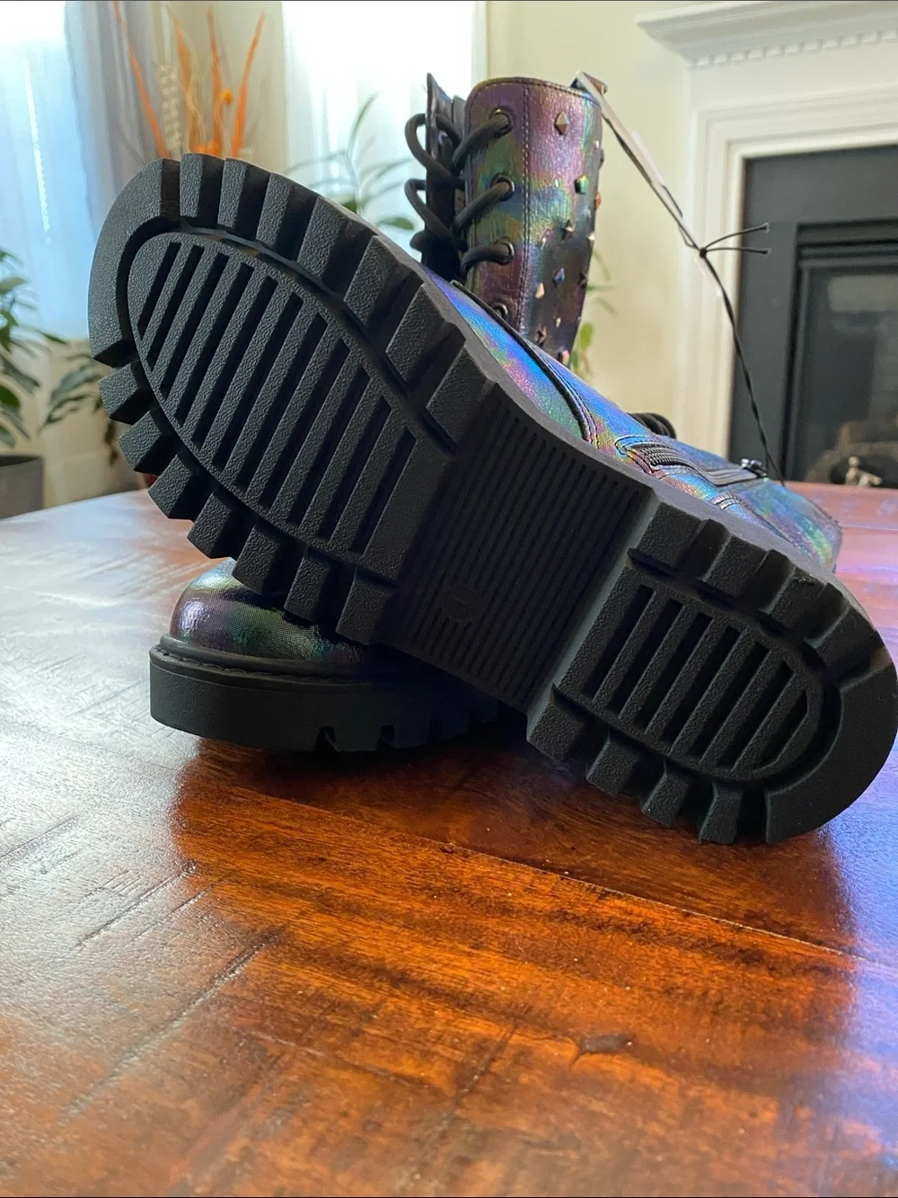 Art Class Iridescent Rainbow Combat Boots with Stud Accents